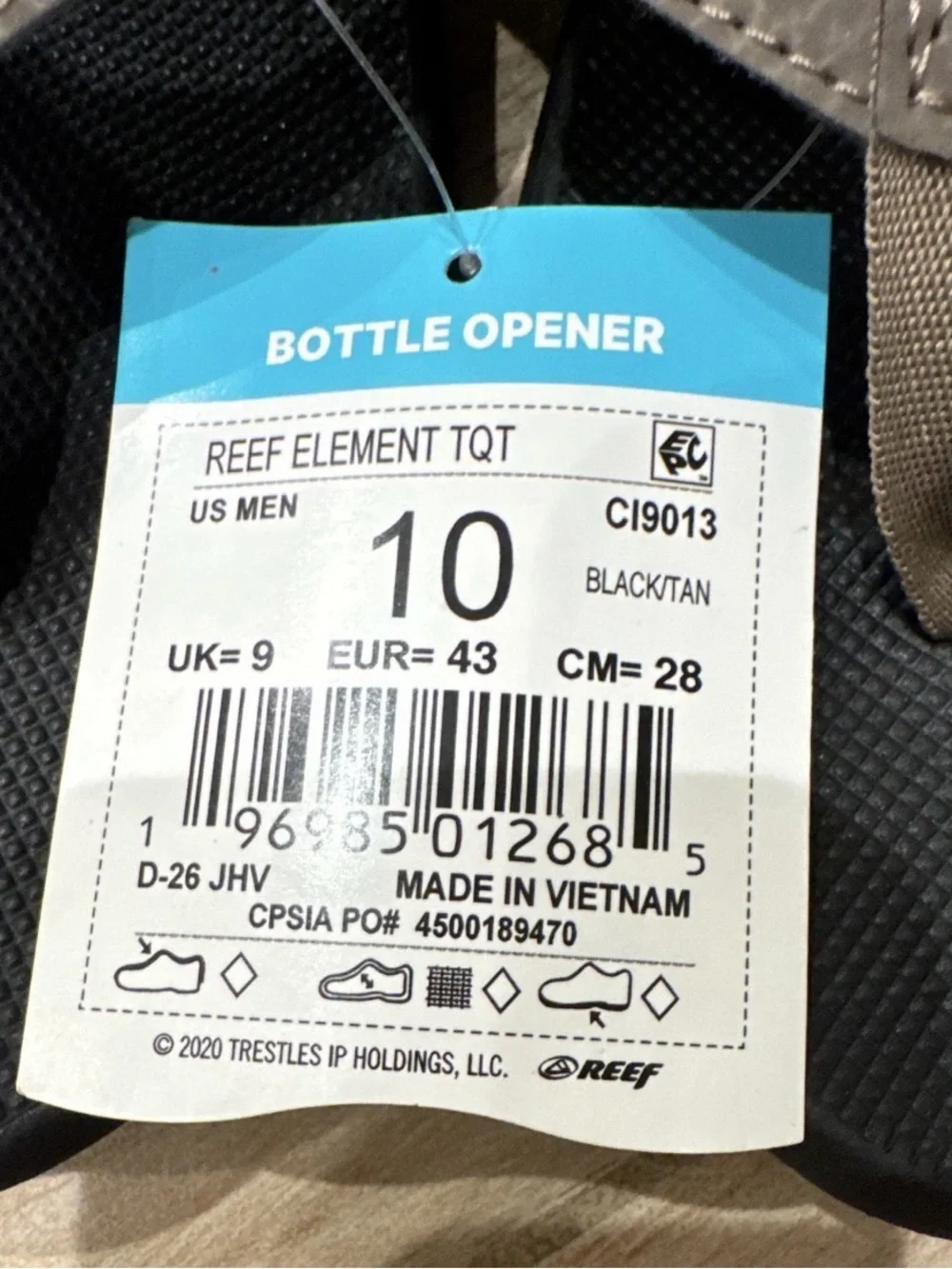 Reef Element TQT Bottle Opener Thong Sandals Black/Tan Logo Men US 10